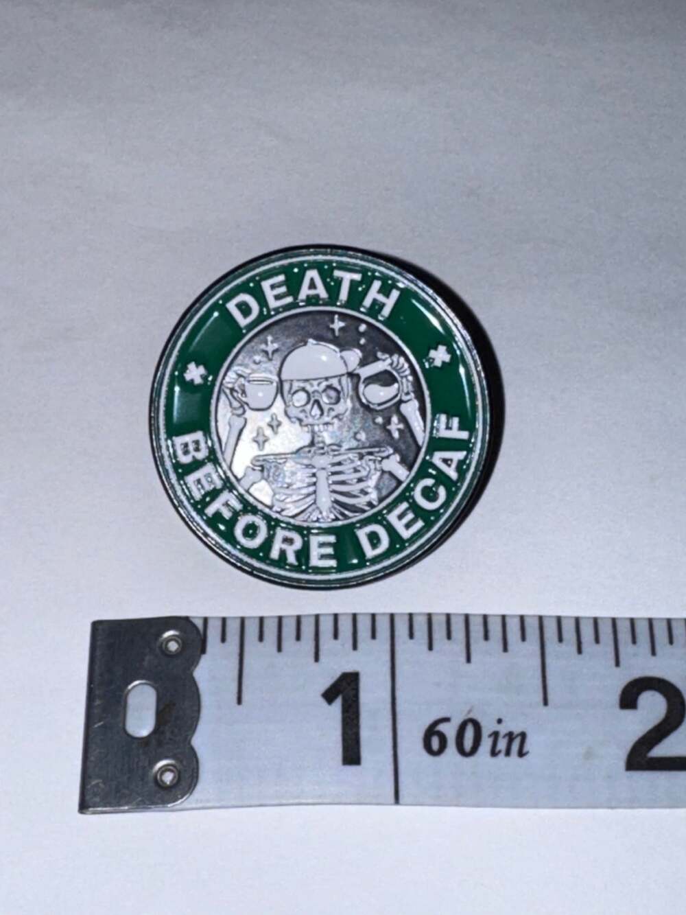 Death before decaf coffee skeleton pin brooch